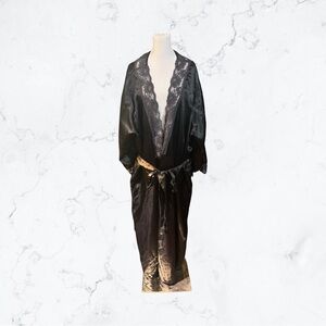 Plus Size 🥰 Black Satin Lace Robe Long Tie Front Lingerie 30/32 3X